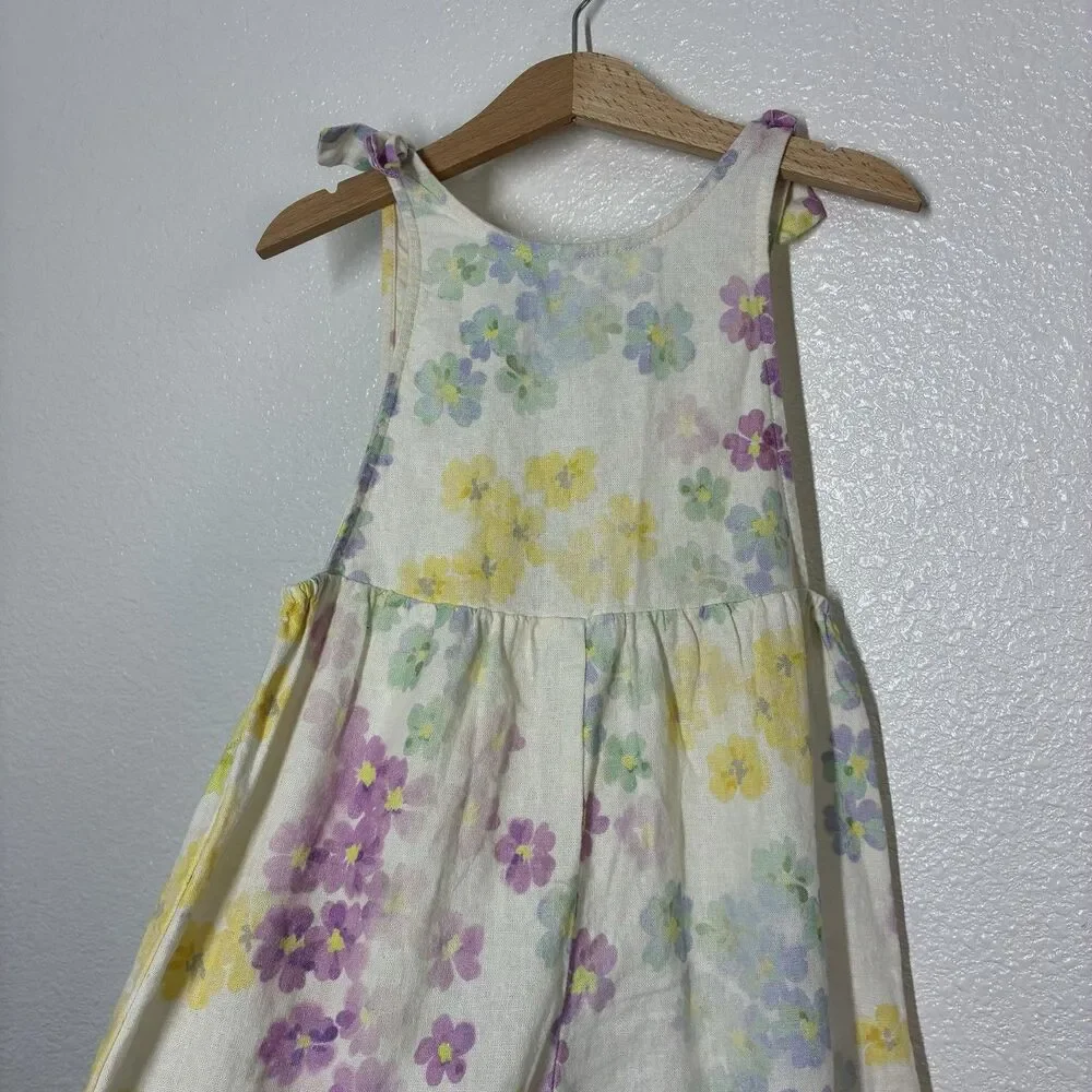 Zara Spain Jumpsuit Girls 5 Yellow Floral Linen Blend Tie Strap Summer One Piece